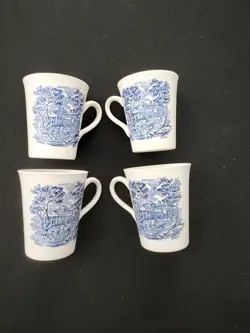 VINTAGE LIBERTY BLUE DRINKING MUGS, SET OF 4, MONTICELLO, STAFFORDSHIRE ENGLAND