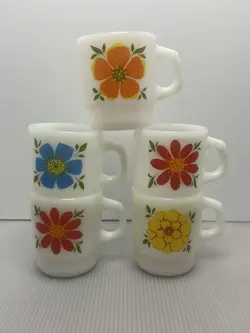 VTG ANCHOR HOCKING FIRE KING FLOWER MUGS GRANNY CORE STACKABLE MILK GLASS 5
