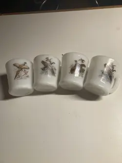 FOUR VINTAGE FIRE KING GAME BIRD RING NECKED PHEASANT MILK GLASS COFFEE MUG CUPS