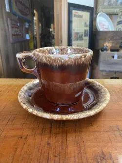 VINTAGE HULL POTTERY BROWN DRIP GLAZE COFFEE MUG AND SAUCER SET