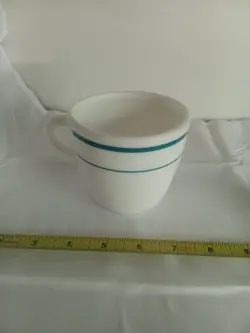 VINTAGE CORNING WARE MILK GLASS COFFEE MUG BLUE STRIPES