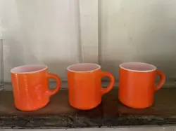 3 VTG ORANGE HAZEL ATLAS “ORANGE PEEL” TEXTURE PAINTED MILK GLASS CUP MUG MCM