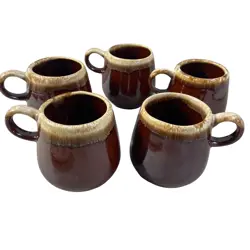 VINTAGE MCCOY POTTERY USA #7025 BROWN DRIP GLAZE 10 OZ. COFFEE MUGS SET OF 5
