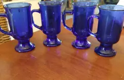 4 VTG ANCHOR HOCKING COBALT BLUE GLASS COFFEE TEA FOOTED PEDESTAL IRISH MUGS 