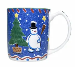 MIKASA CHRISTMAS GLOW CUP HOLIDAY BLUE REINDEER SLED TREES VTG MUG