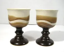 WINE GOBLET MUGS CUPS BROWN AND TAN STONEWARE SET OF 2 VINTAGE 