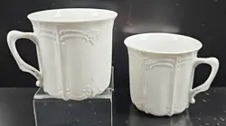 2 TIRSCHENREUTH BARONESSE WHITE MUGS SET VINTAGE EMBOSS SCALLOP CUPS GERMANY LOT