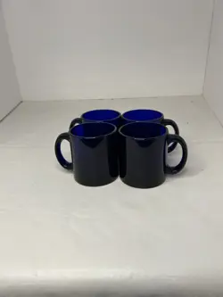 VINTAGE CLEAR COBALT BLUE GLASS MUGS SET OF 4 MADE IN THE USA