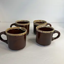 4 VINTAGE  COFFEE MUG MADE IN USA BROWN DRIP GLAZE OVENPROOF POTTERY STYLE