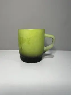 VINTAGE ANCHOR HOCKING FIRE KING GREEN BLACK COFFEE CUP MUG RIBBED STACKABLE