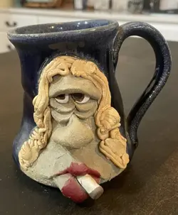 VINTAGE UGLY FUNNY FACE MUG STONEWARE POTTERY 1970'S FOLK ART BLUE MARKED (134)