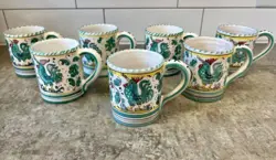 VINTAGE DERUTA ITALIAN POTTERY COFFEE MUGS GREEN ROOSTER SET OF 7 MADE IN ITALY