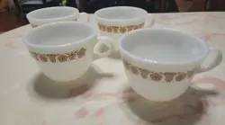 4 VINTAGE PYREX BUTTERFLY GOLD CORNING USA MILK GLASS CUPS MUGS COTTAGECORE