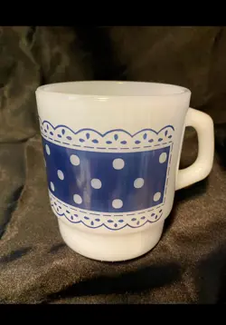 VINTAGE FIRE KING BLUE LACE POLKA DOT MUG D HANDLE STACKABLE