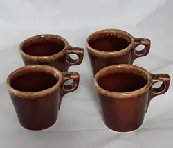 HULL USA BROWN DRIP GLAZE POTTERY OVEN PROOF COFFEE MUG CUP VINTAGE SET OF 4
