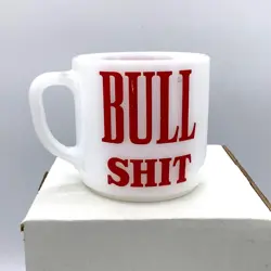 VINTAGE FEDERAL MILK GLASS BULL SH** RED LETTERS WHITE COFFEE MUG CUP