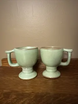 2 VINTAGE FRANKOMA POTTERY COFFEE MUG C13 PLAINSMAN PRAIRIE GREEN  FOOTED CUPS