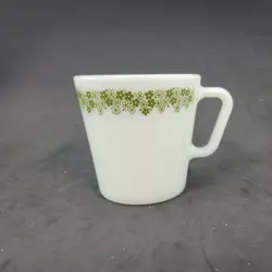 VINTAGE PYREX GREEN CRAZY DAISY SPRING BLOSSOM MILK GLASS COFFEE CUP MUG 1410