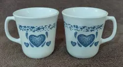 VINTAGE CORNING WARE CORELLE WHITE BLUE HEART COFFEE MUG TEA CUP SET OF  2
