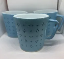 VINTAGE PYREX BLUE FOULARD MUG 1410 COFFEE CUP  RETRO ATOMIC STARBURST SET OF 3