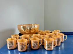 VINTAGE FIRE KING PEACH LUSTERWARE EGGNOG BOWL & 14 MUGS HOLIDAY