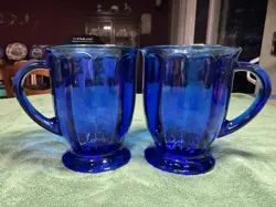 ANCHOR HOCKING VINTAGE COBALT BLUE GLASS FOOTED 16 OZ COFFEE MUGS SET OF 2