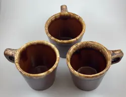HULL OVENPROOF VINTAGE BROWN DRIP GLAZED COFFEE MUGS SET OF 3 CABINCORE GIFT