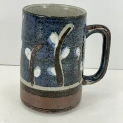 VINTAGE OTAGIRI PUSSYWILLOW STONEWARE POTTERY COFFEE MUG BLUE GRAY BROWN JAPAN