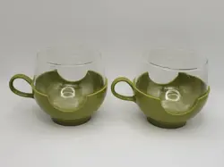 VINTAGE PYREX SET OF 2 OLIVE GREEN 70'S CUPS DRINKING GLASS 