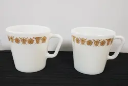 2 PYREX MILK GLASS BUTTERFLY GOLD D HANDLE COFFEE MUG VINTAGE