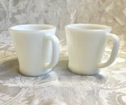 2 VTG FIRE KING ANCHOR HOCKING WHITE MILK GLASS D HANDLE COFFEE MUGS CUPS RETRO