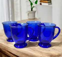 VINTAGE ANCHOR HOCKING COBALT BLUE 16 OUNCE GLASS CAFE MUGS SET OF 4 MCM