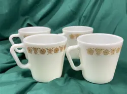 4 VINTAGE PYREX BUTTERFLY GOLD D-HANDLE COFFEE MUG CUPS