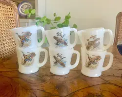 VTG FIRE KING COFFEE D MUGSSET OF 6 HUNTING GAME BIRDS MILK GLASS
