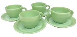 4 VTG FIRE-KING JADEITE OVENWARE RESTAURANT C HANDLE CUP MUG SAUCER SETS