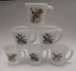  VINTAGE FIRE KING GAME BIRDS COFFEE MUGS D-HANDLE MILK GLASS SET OF 6