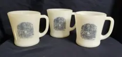3 VINTAGE CURRIER AND IVES MILK GLASS WHITE/BLUE D HANDLE COFFEE MUGS CHILDREN