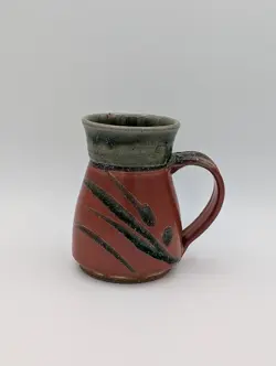HAND THROWN ART STUDIO POTTERY MUG VINTAGE NO SPILL TRAVEL MUG ~ GREEN RED