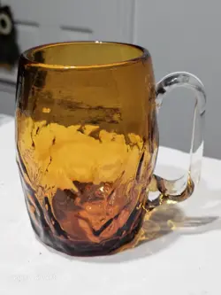 VTG YELLOW/GOLD AMBER BEER GLASS MUG STEIN THUMBPRINT DIMPLE ROUND OPTIC HANDLE