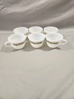 6 PYREX VINTAGE CORNING SPRING BLOSSOM CRAZY DAISY CORELLE COFFEE CUP MUGS GREEN
