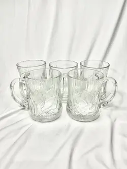 5 SET CANTERBURY CROCUS GLASS COFFEE MUG ARCROROC CUPS 3D FRANCE VINTAGE