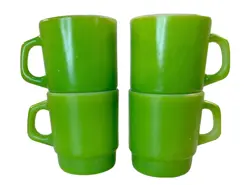 VINTAGE ANCHOR HOCKING FIRE KING GREEN COFFEE CUP MUG- SET OF 4