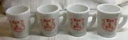 VTG (4) TOM & JERRY MUGS CUPS WHITE MILK GLASS RED LETTERING MCKEE MCK 1930’S