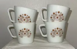 PYREX COFFEE CUP MUGS SUMMER IMPRESSIONS BROWN FLOWER D-HANDLE SET OF 4