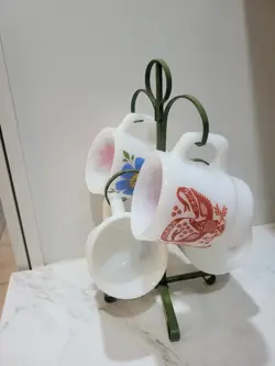 VTG ANCHOR HOCKING FIRE KING SET OF 4 MILK GLASS MCM STACKABLE COFFEE MUGS +