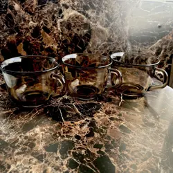 VINTAGE ARCOROC FRANCE SMOKY BROWN GLASS CUPS MUGS - SET OF 3