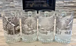 VINTAGE SET OF 4 CURRIER & IVES HOMESTEAD WINTER COUNTRY GLASSES BEER MUGS 5.5