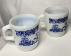 FIRE KING ANCHOR HOCKING BLUE WILLOW GLASS COFFEE CUP MUG VINTAGE (SET OF 2)