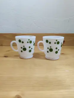 2 VINTAGE HAZEL ATLAS GREEN POKA DOT MILK GLASS CUP MUG 1950'S MCM KITCHEN 3