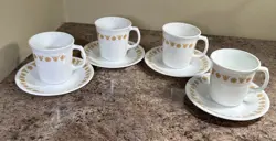 4 VINTAGE CORELLE CORNING BUTTERFLY GOLD COFFEE MUGS CUPS & SAUCERS